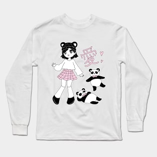 Cute girl with little pandas and love kanji Long Sleeve T-Shirt